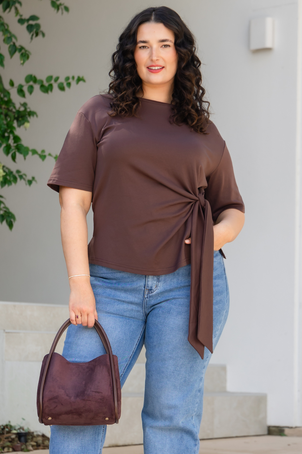 Delaney Side Tie Tshirt Top Bitter Chocolate