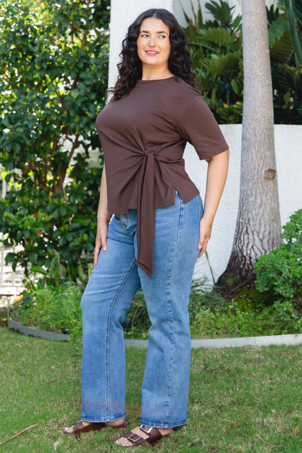Delaney Side Tie Tshirt Top Bitter Chocolate