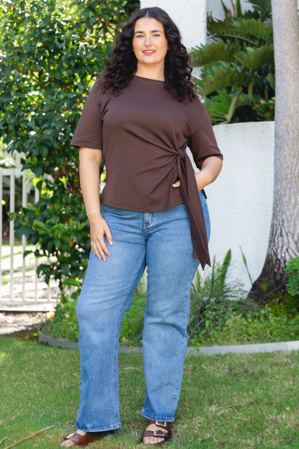 Delaney Side Tie Tshirt Top Bitter Chocolate