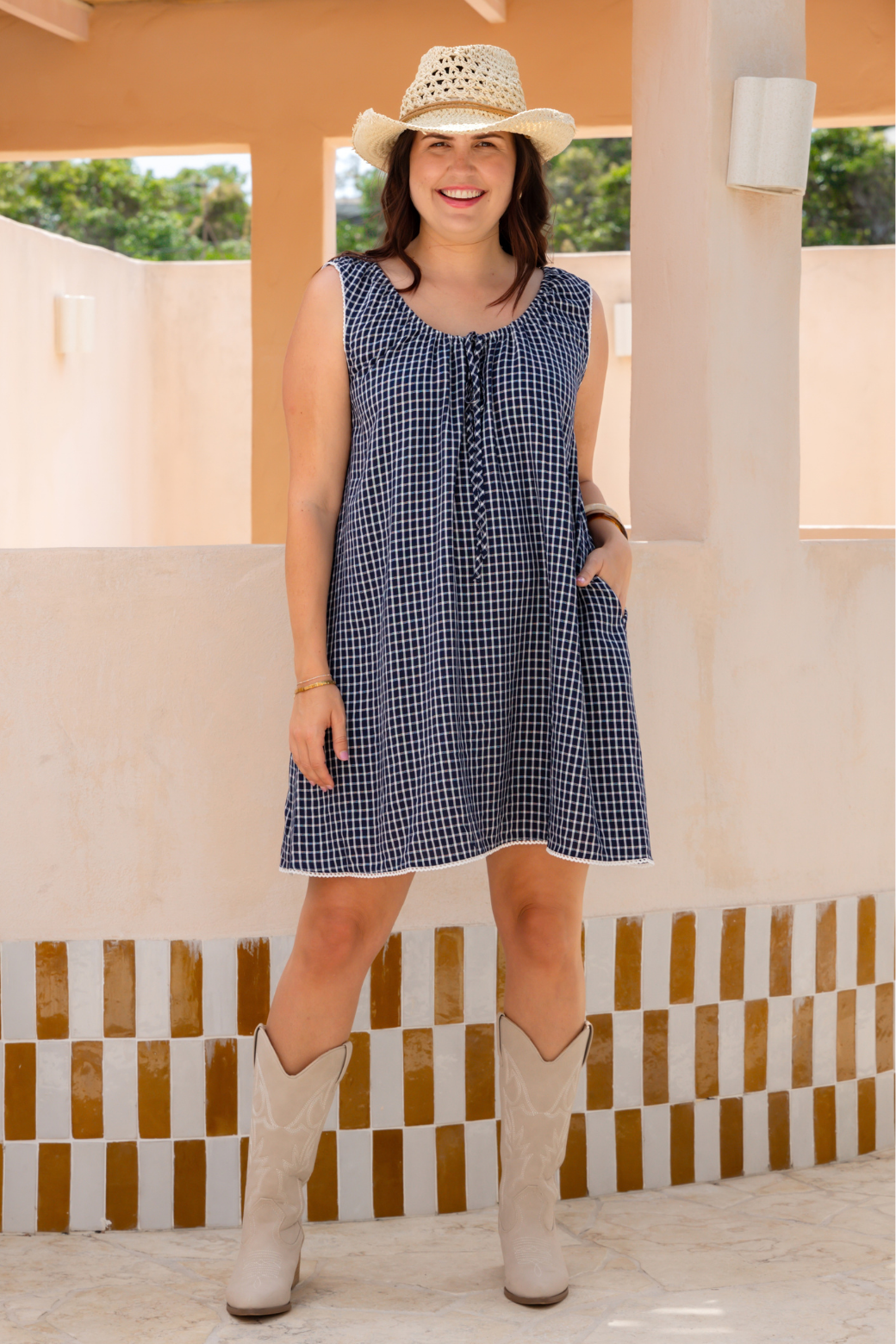 Dixie Babydoll Dress Navy Check