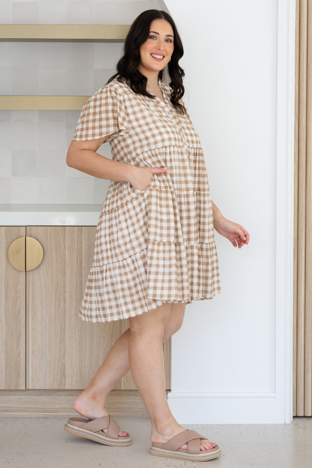 Ebony Dress Gingham Print Latte
