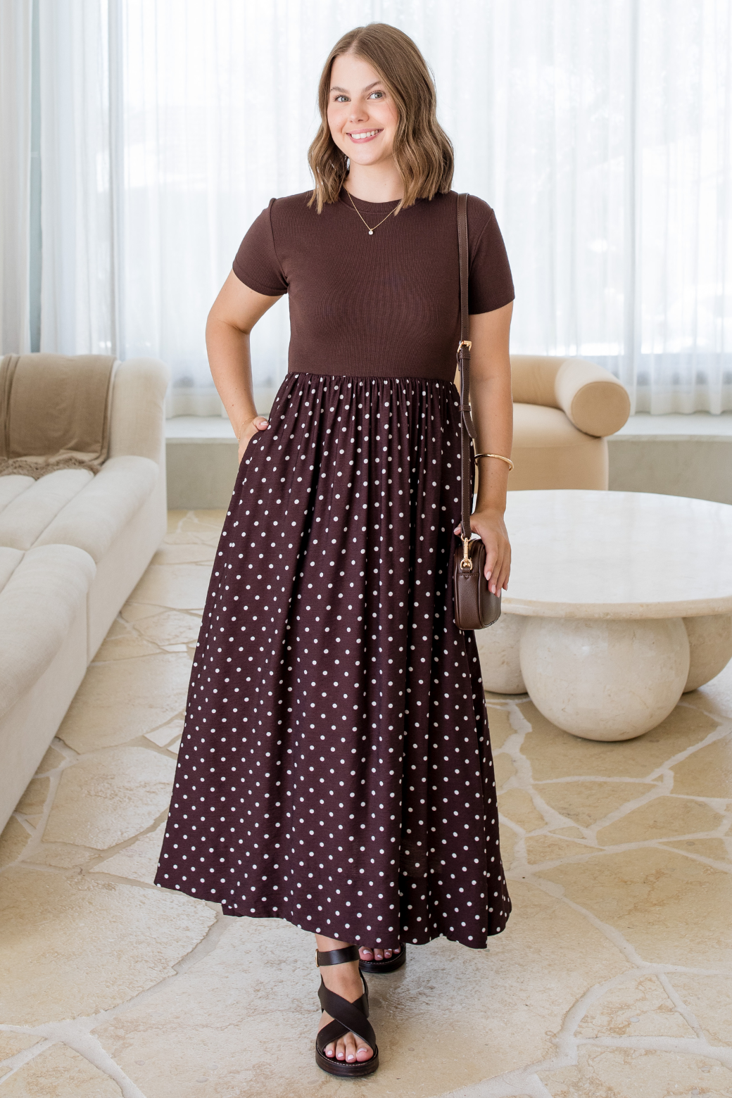 Elka T-Shirt Midi Dress Bitter Choc Mini Spot