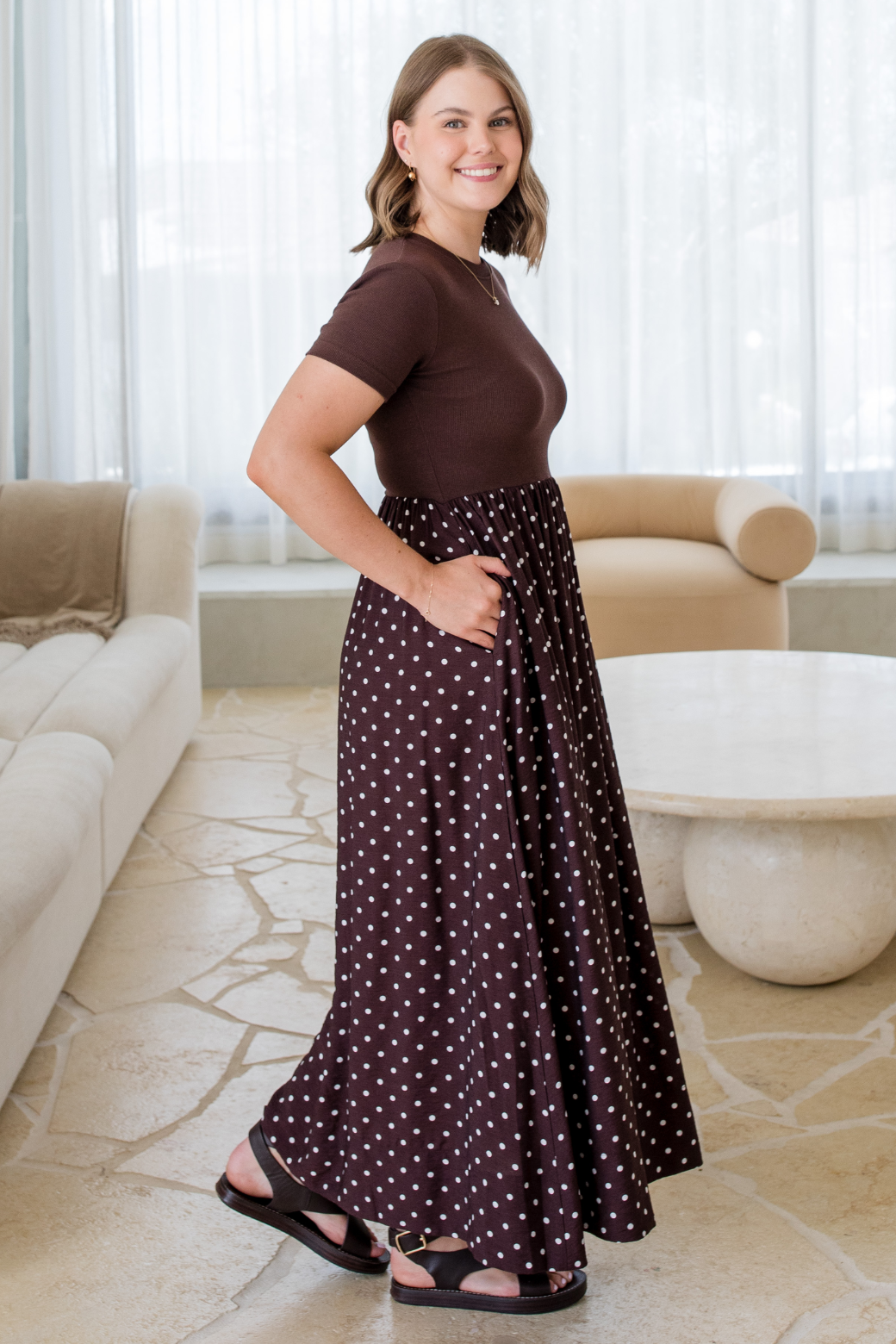 Elka T-Shirt Midi Dress Bitter Choc Mini Spot