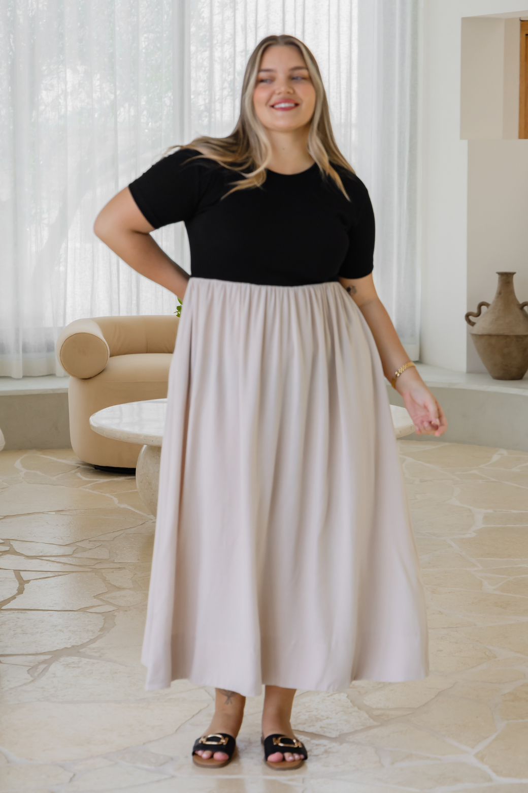 Elka T-shirt Midi Dress Black Beige