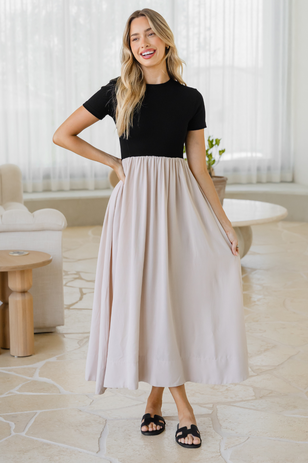 Elka T-shirt Midi Dress Black Beige