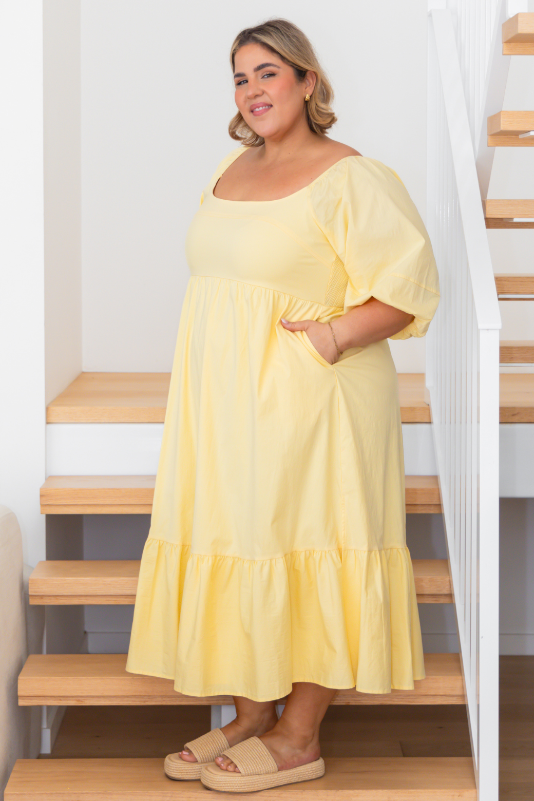 Ella Puff Sleeve Midi Dress Butter