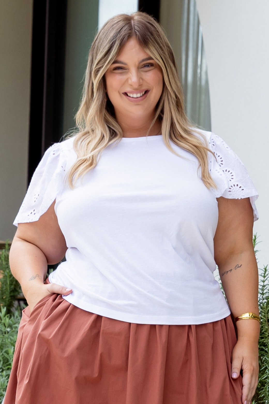 Elle Broderie Sleeve Tshirt White