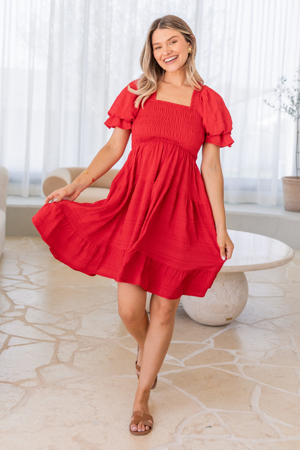 Ellie Shirred Dress Red