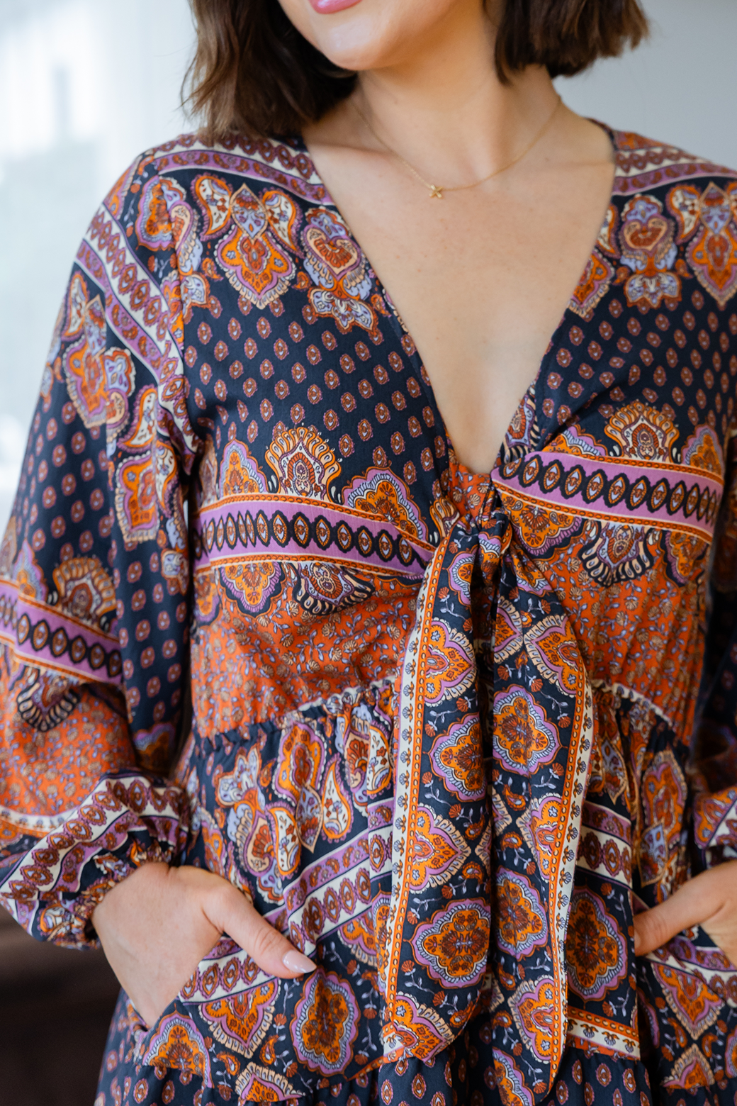 Elsie Tie Front Mini Dress Lily Print Slate