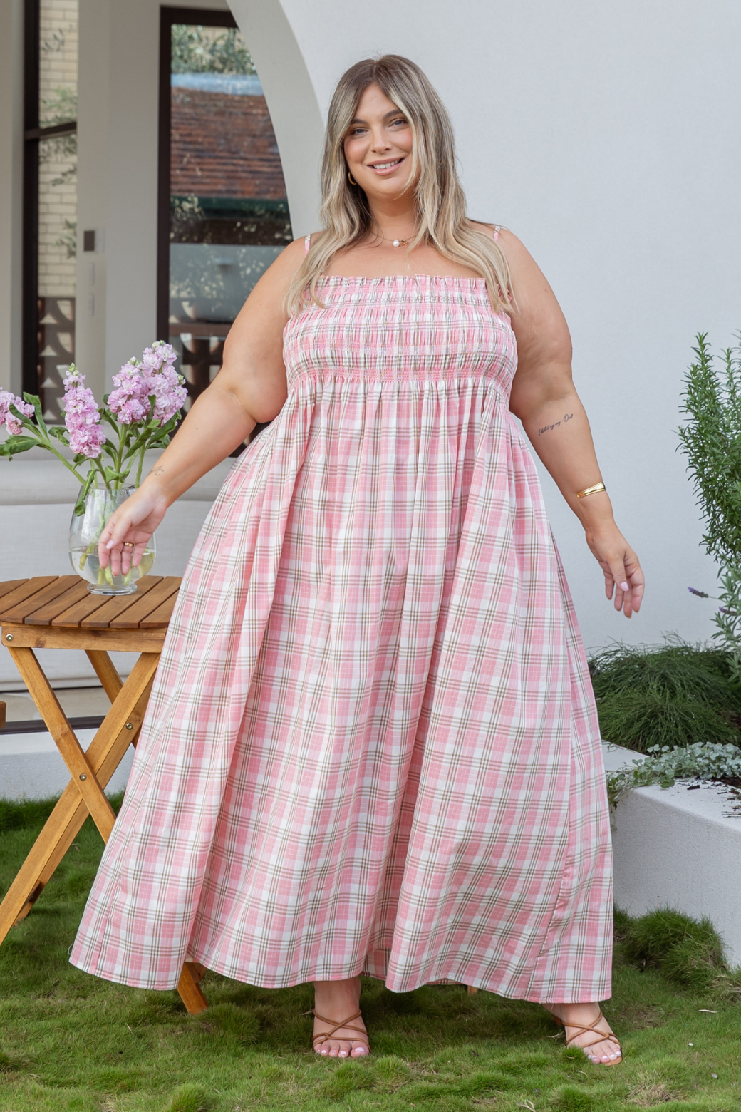Eva Shirred Dress Pink Check