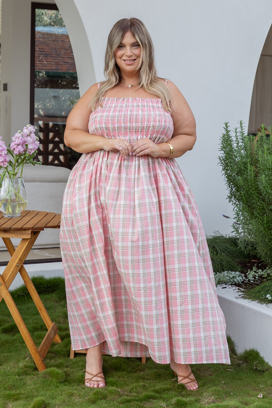 Eva Shirred Dress Pink Check