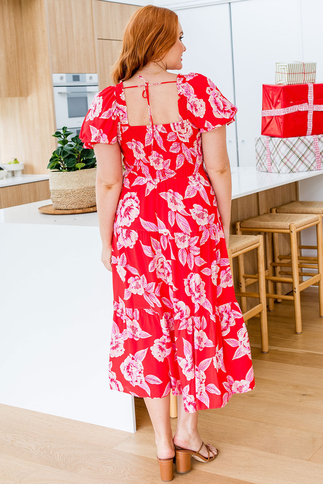 Farrah Midi Dress Summer Rose Print Red