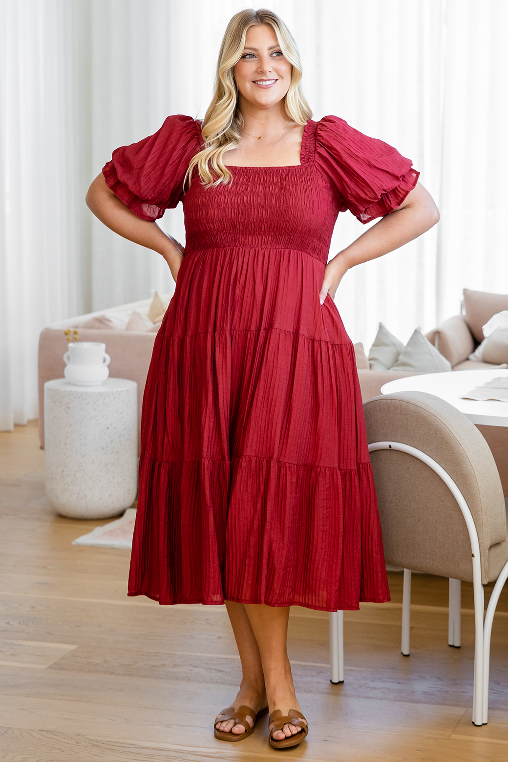 Farrah Shirred Midi Dress Rich Cranberry Red