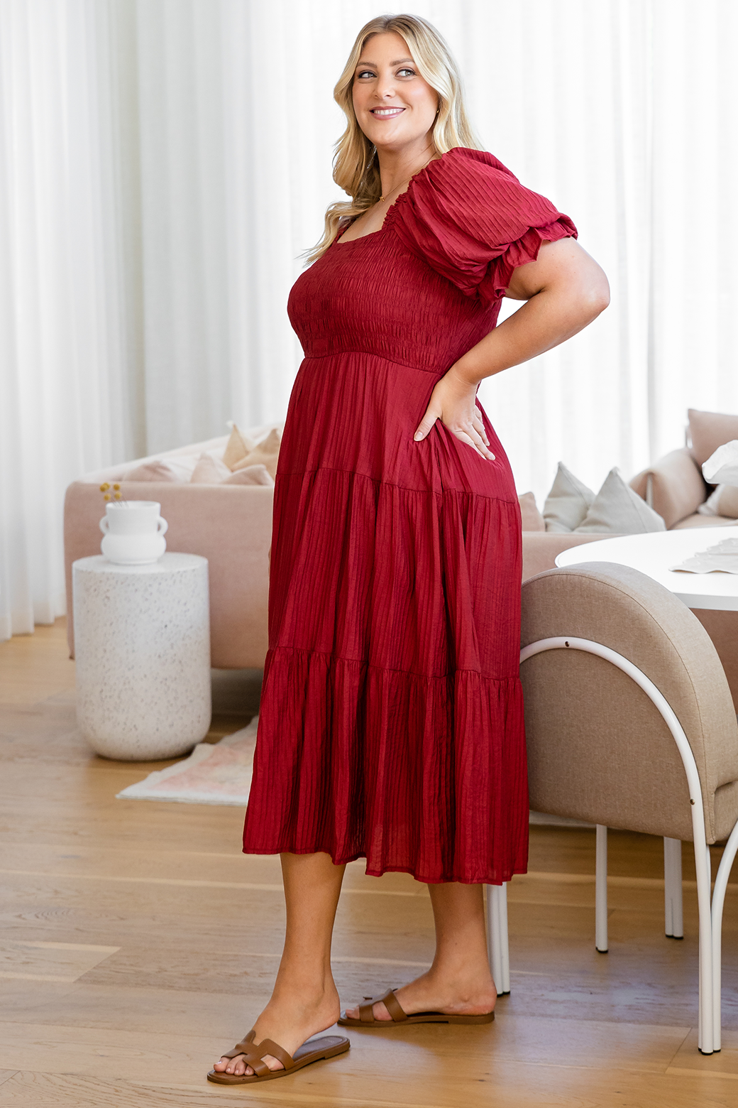 Farrah Shirred Midi Dress Rich Cranberry Red