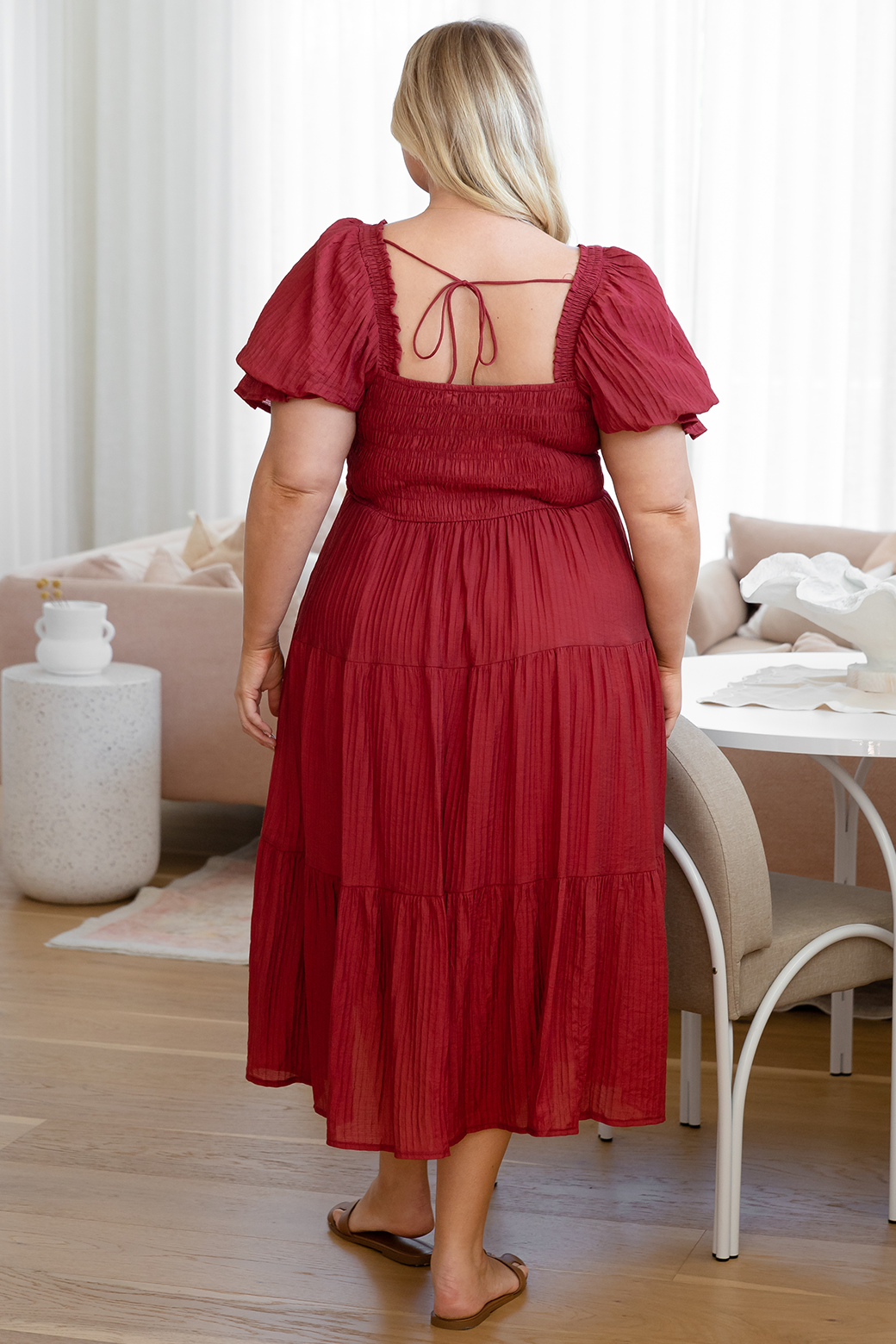 Farrah Shirred Midi Dress Rich Cranberry Red