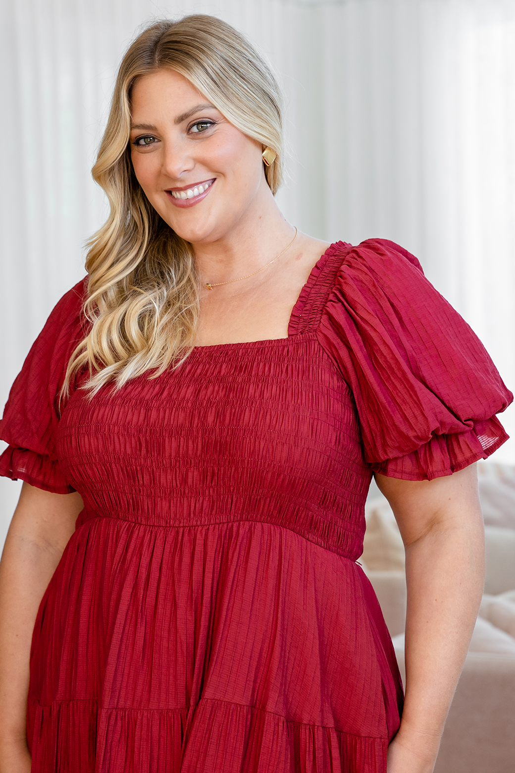 Farrah Shirred Midi Dress Rich Cranberry Red