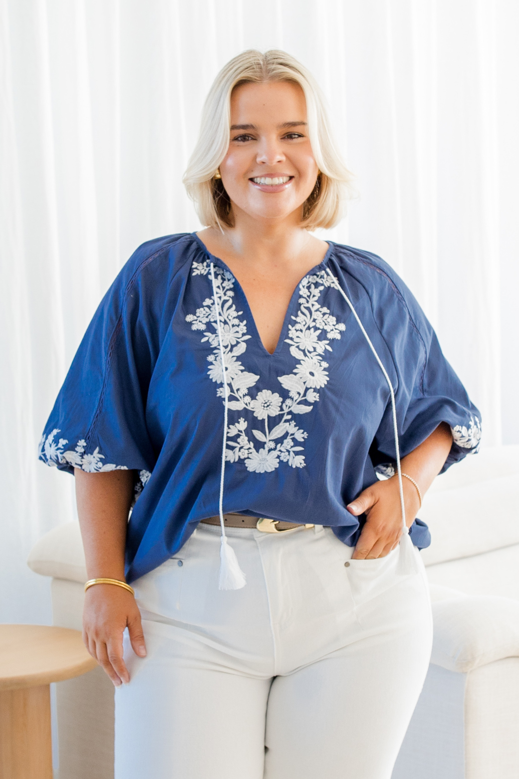 Gabby Embroidered Top Indigo