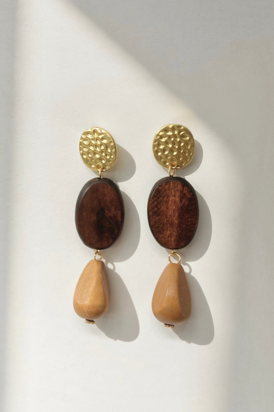 Hammered Metal Wood Beaded Earrings