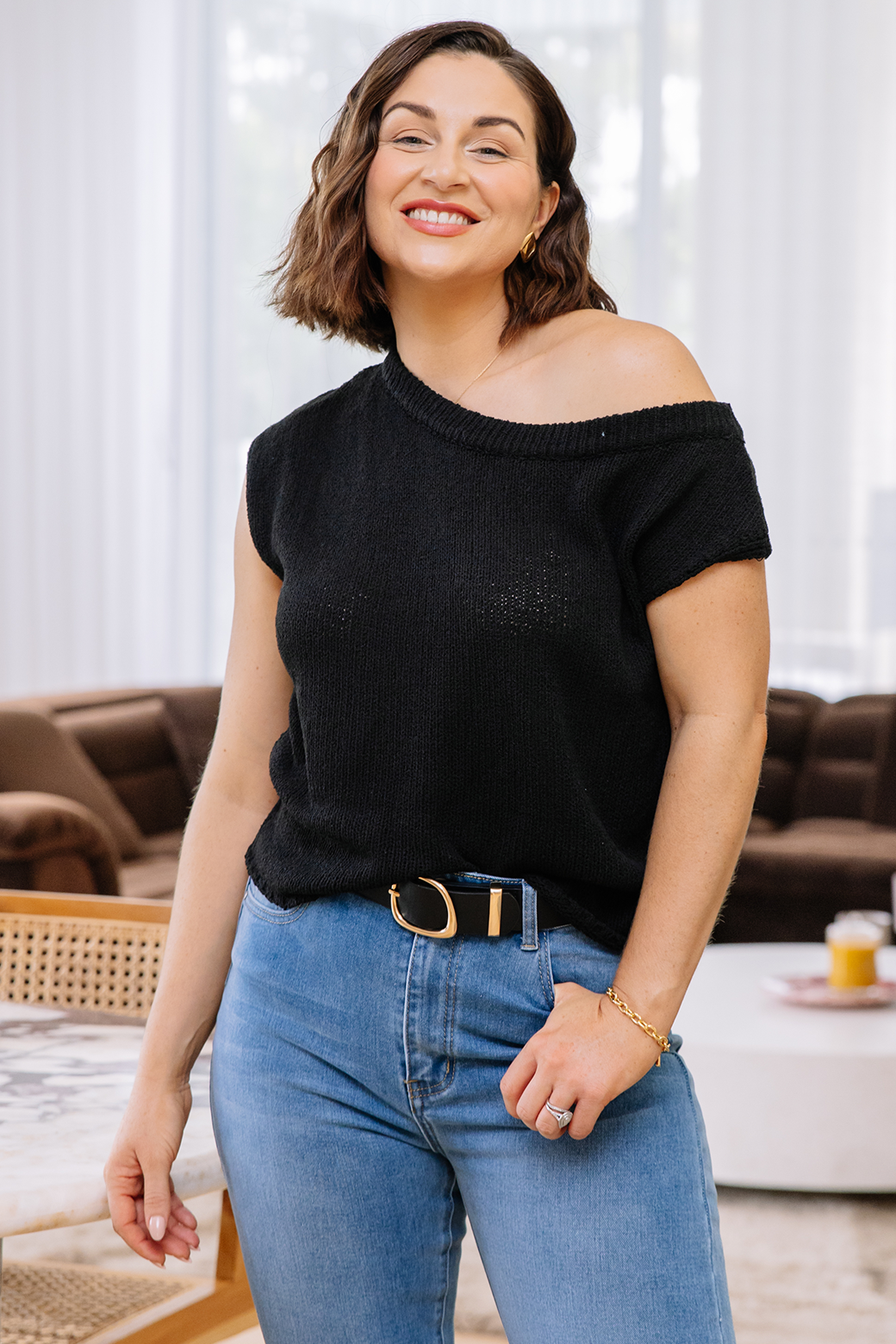 Hampton Off Shoulder Knit Top Black