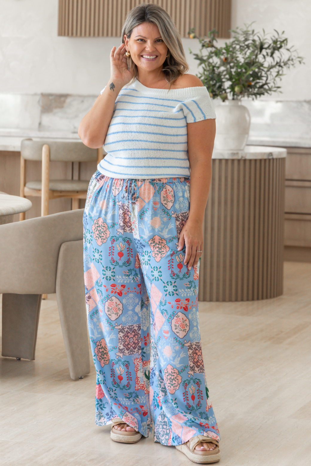 Hampton Off Shoulder Knit Top White Blue Stripe