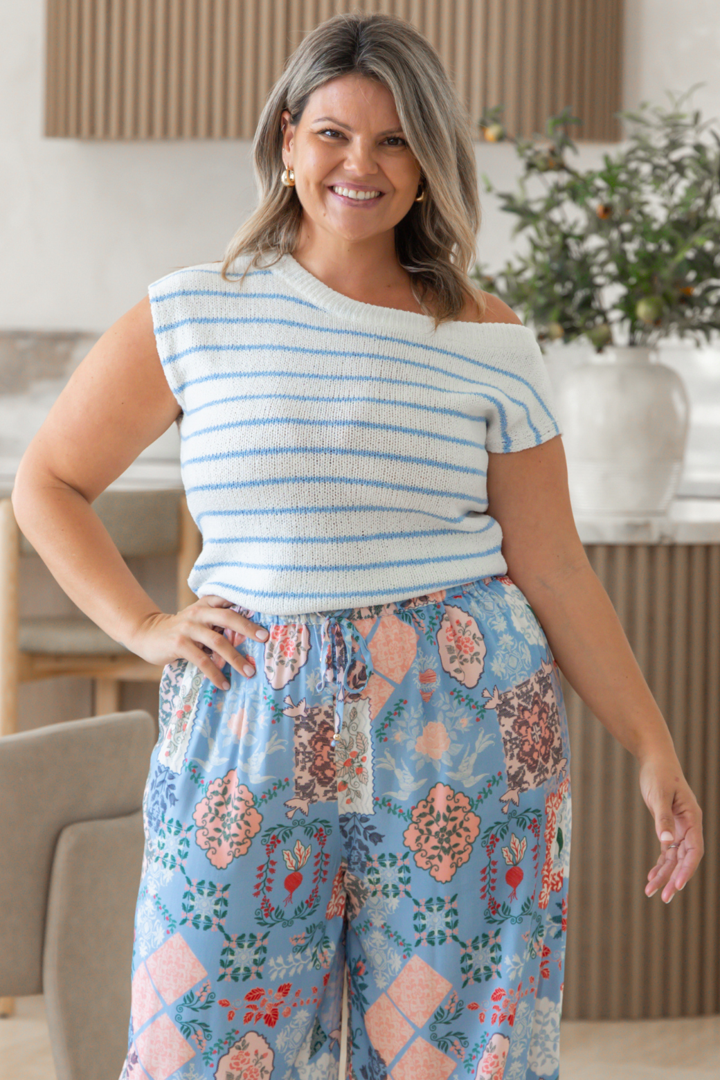Hampton Off Shoulder Knit Top White Blue Stripe