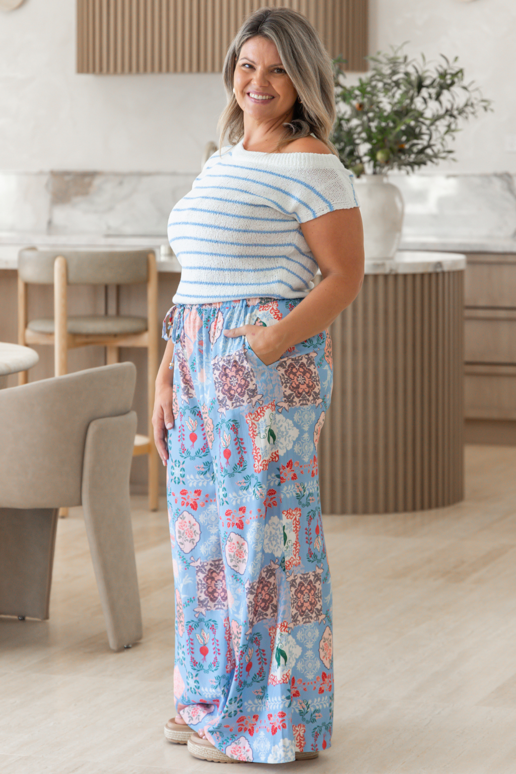 Hampton Off Shoulder Knit Top White Blue Stripe