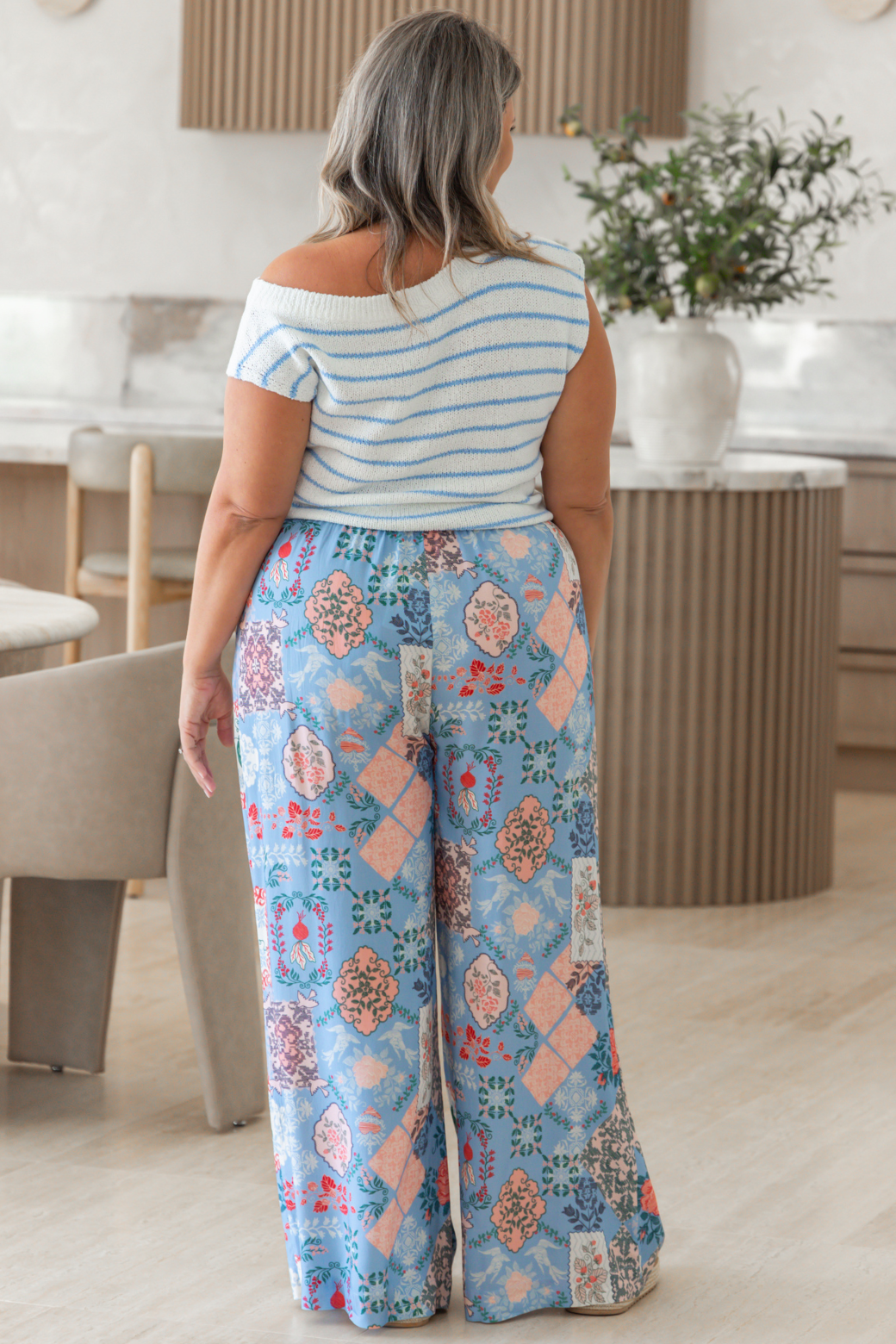 Hampton Off Shoulder Knit Top White Blue Stripe