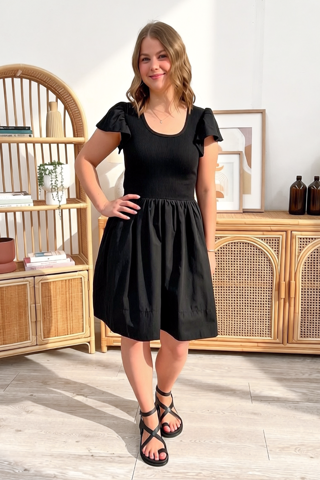 Harper Scoop Neck Frill Sleeve Tshirt Dress Black