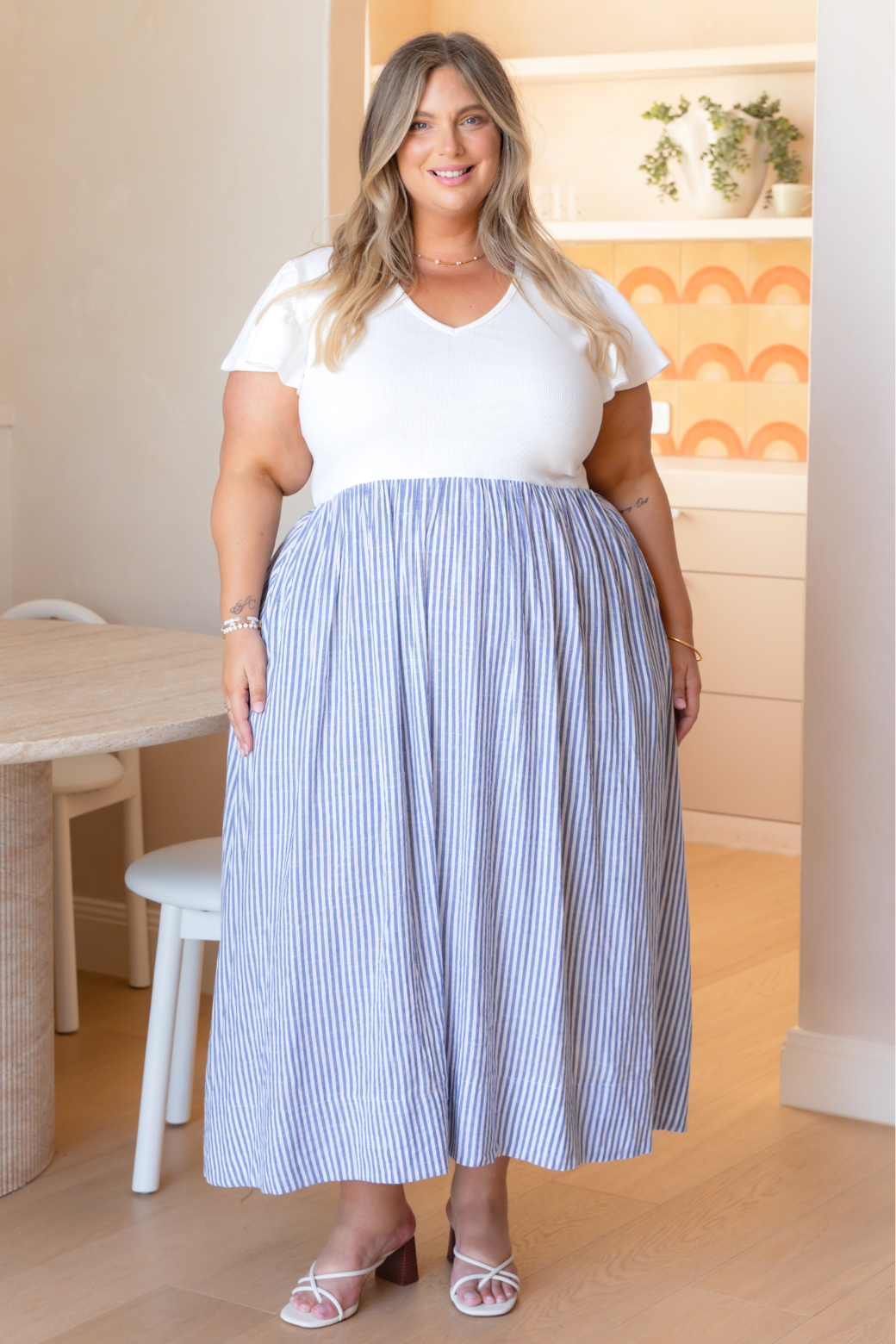 Helen Frill Sleeve Tshirt Midi Dress Blue White Stripe