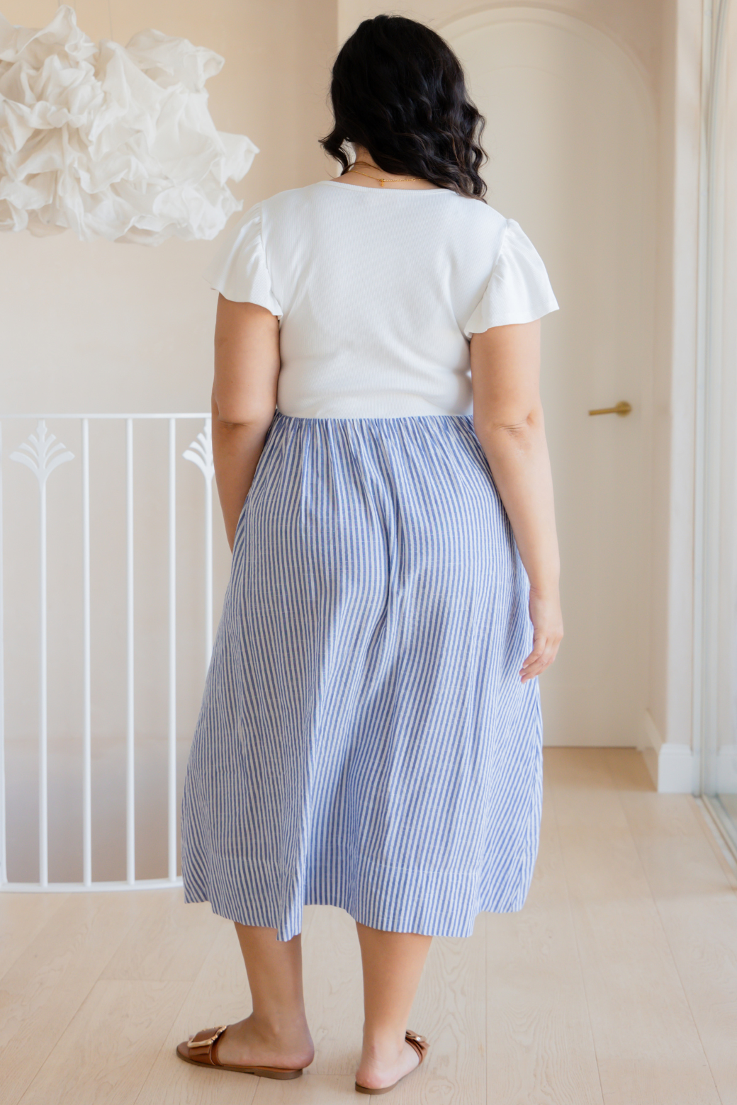 Helen Frill Sleeve Tshirt Midi Dress Blue White Stripe