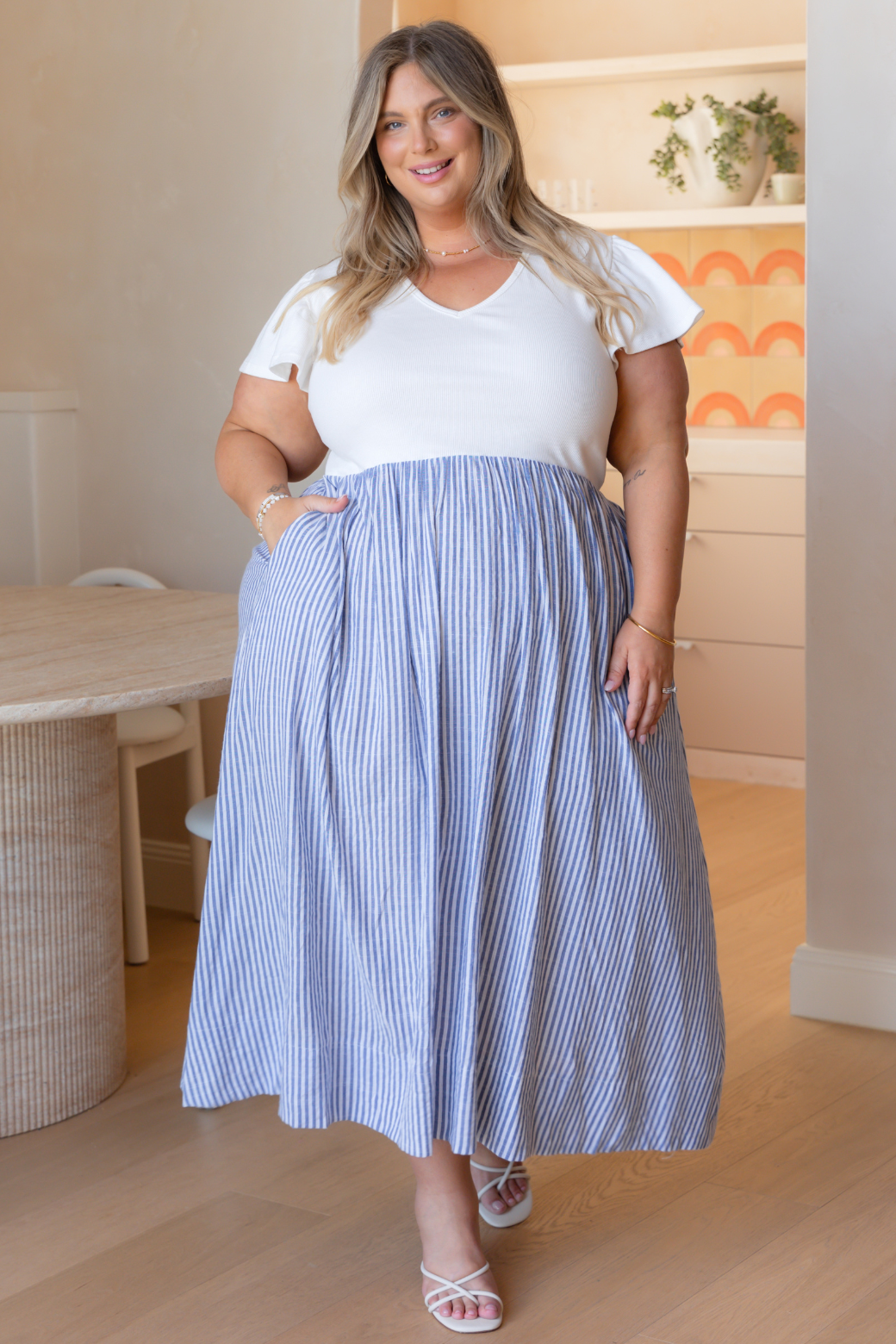 Helen Frill Sleeve Tshirt Midi Dress Blue White Stripe
