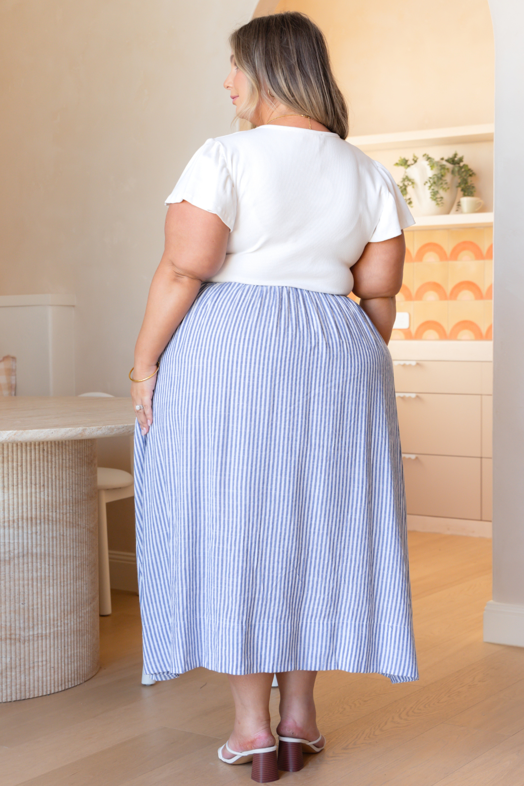 Helen Frill Sleeve Tshirt Midi Dress Blue White Stripe