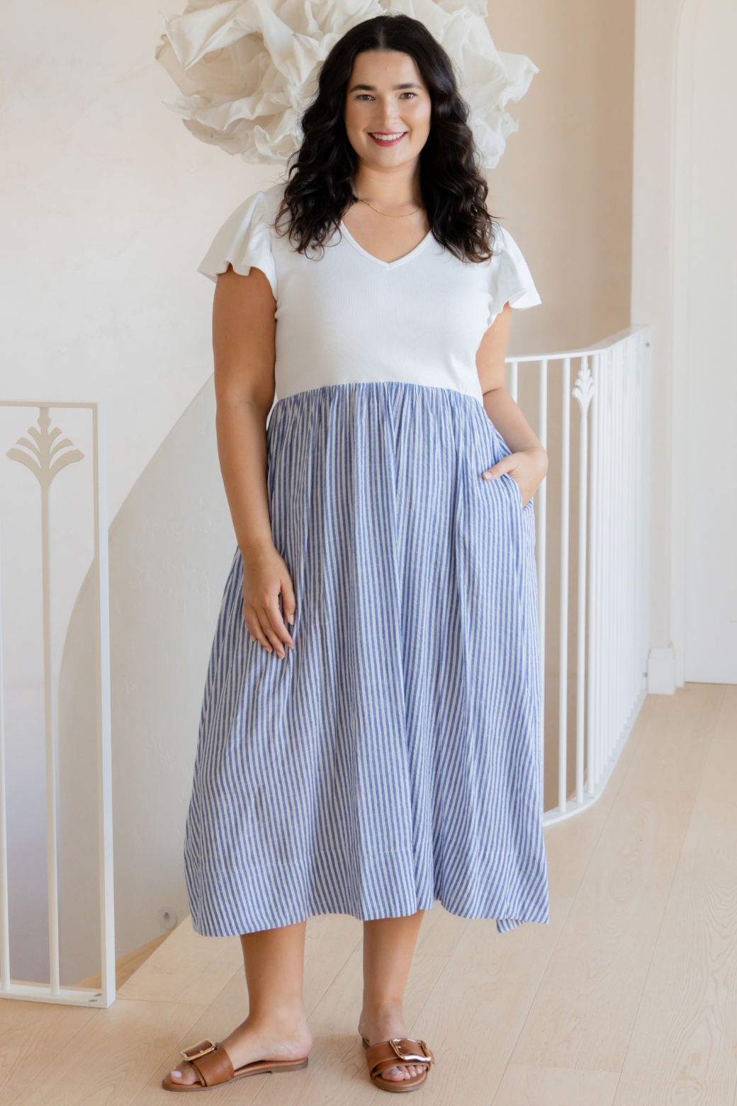 Helen Frill Sleeve Tshirt Midi Dress Blue White Stripe