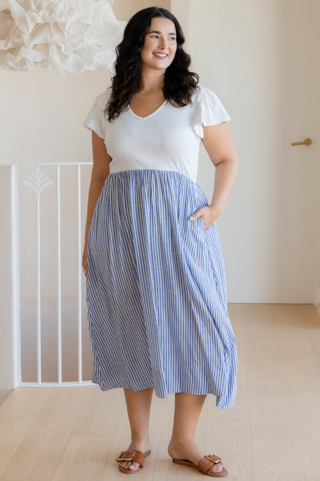 Helen Frill Sleeve Tshirt Midi Dress Blue White Stripe