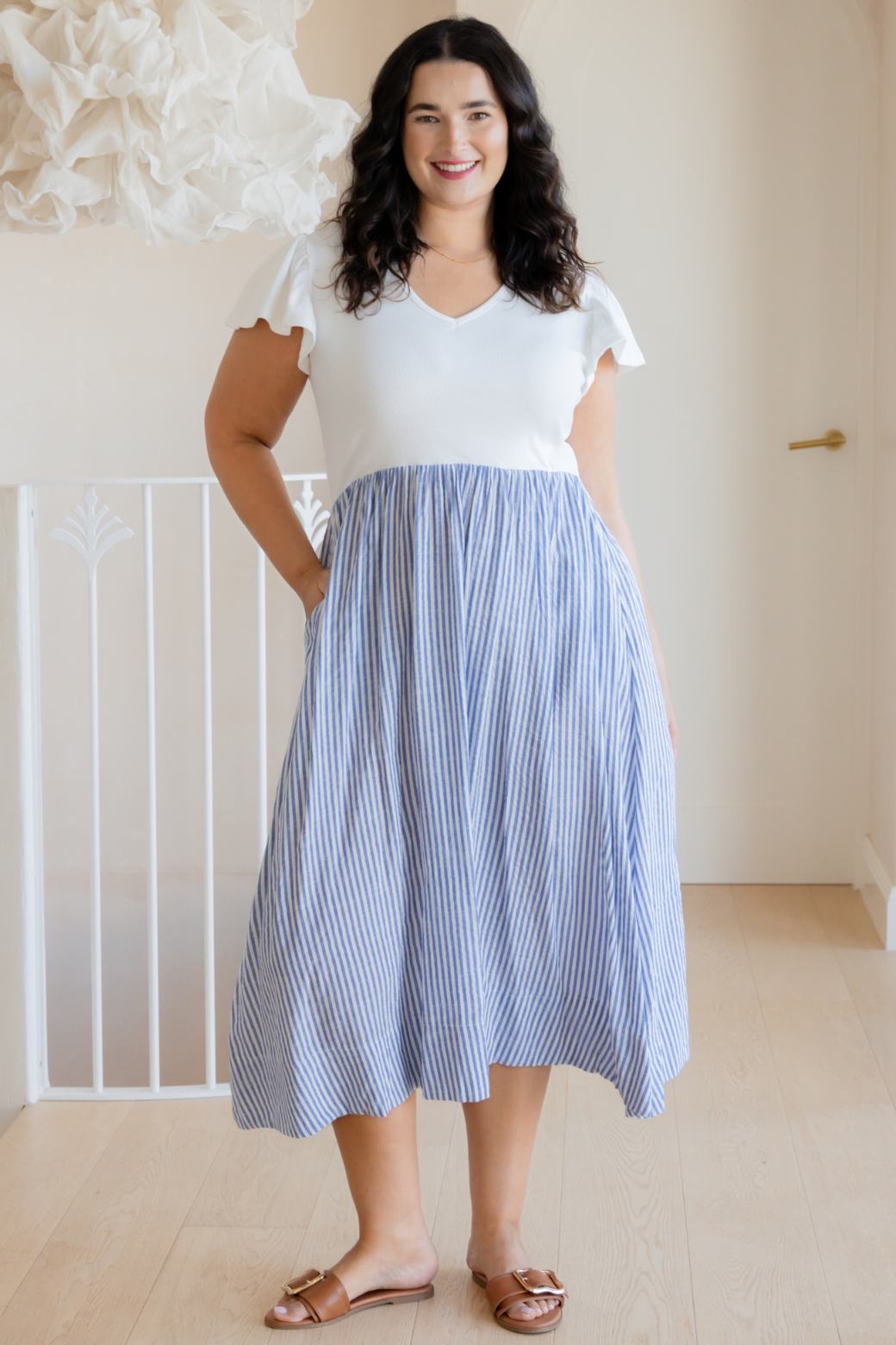 Helen Frill Sleeve Tshirt Midi Dress Blue White Stripe