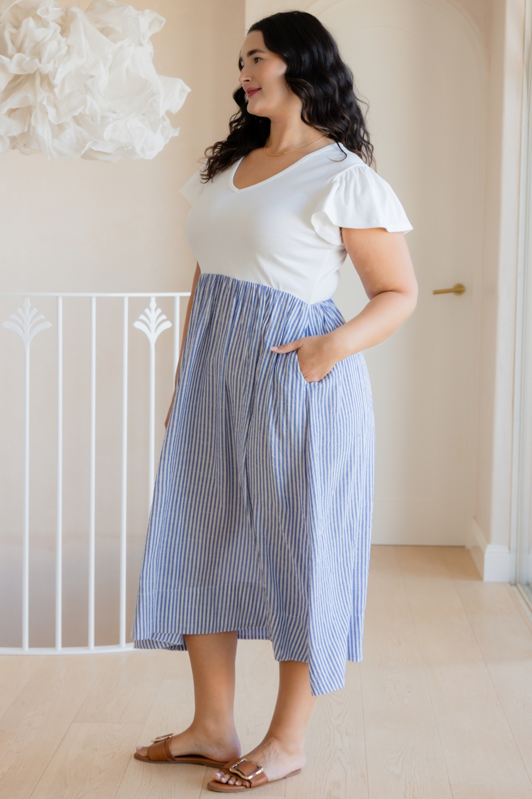 Helen Frill Sleeve Tshirt Midi Dress Blue White Stripe