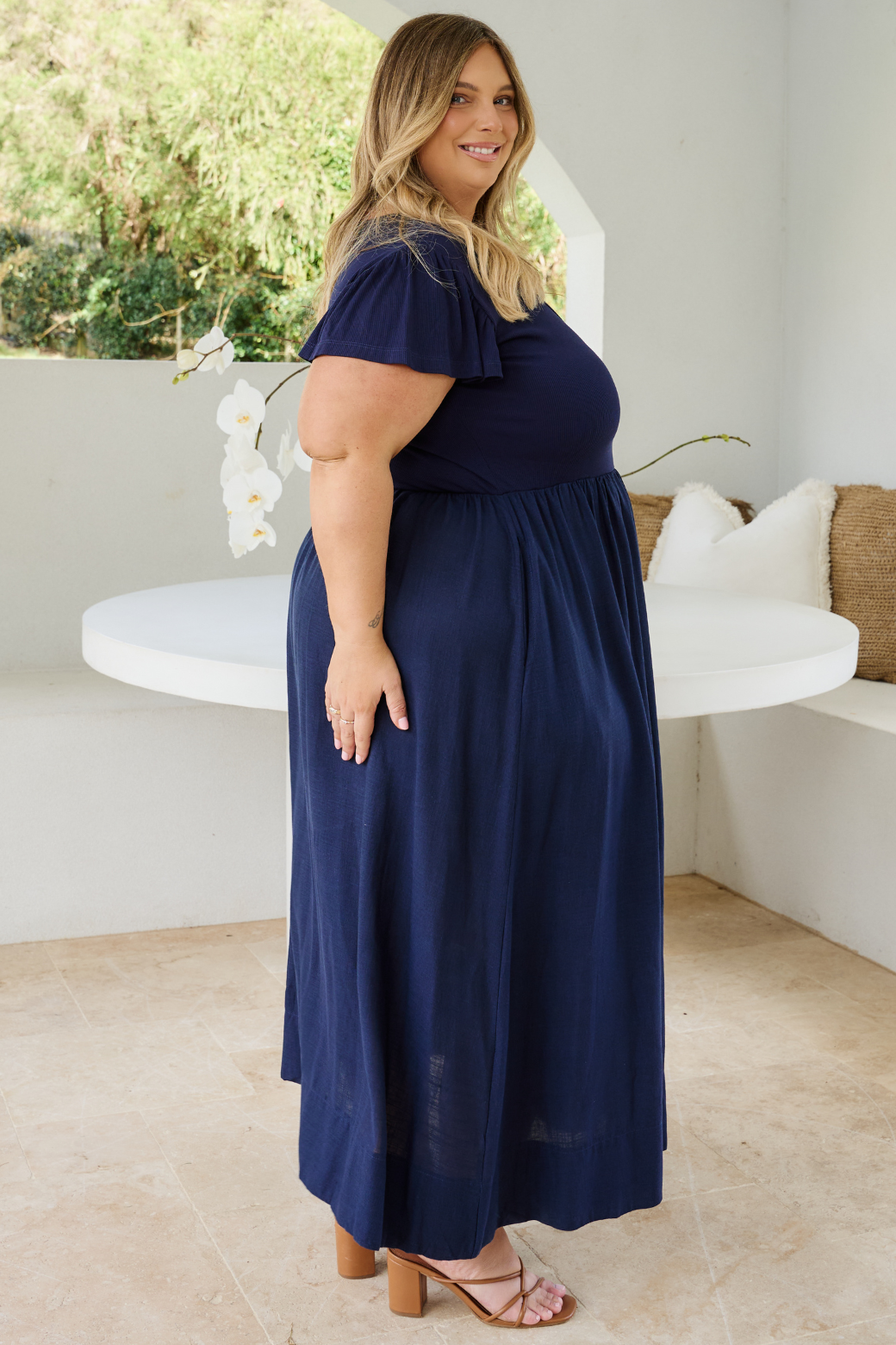 Helen Frill Sleeve Tshirt Midi Dress Navy