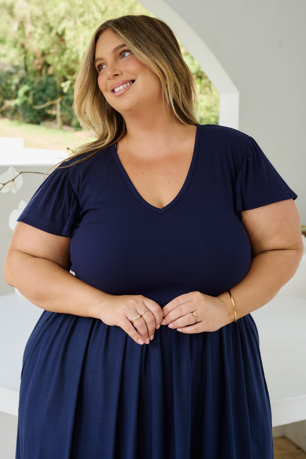 Helen Frill Sleeve Tshirt Midi Dress Navy