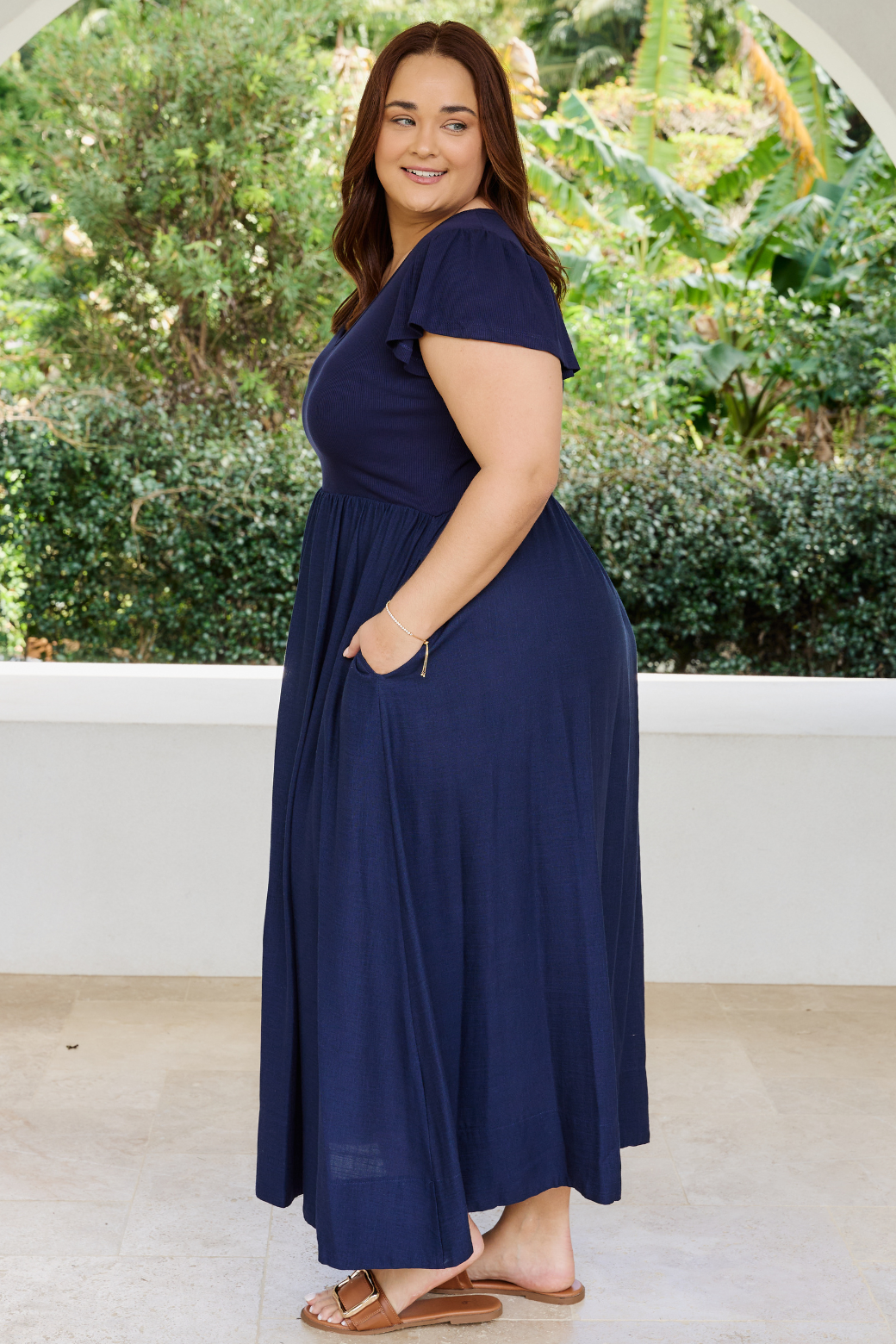 Helen Frill Sleeve Tshirt Midi Dress Navy