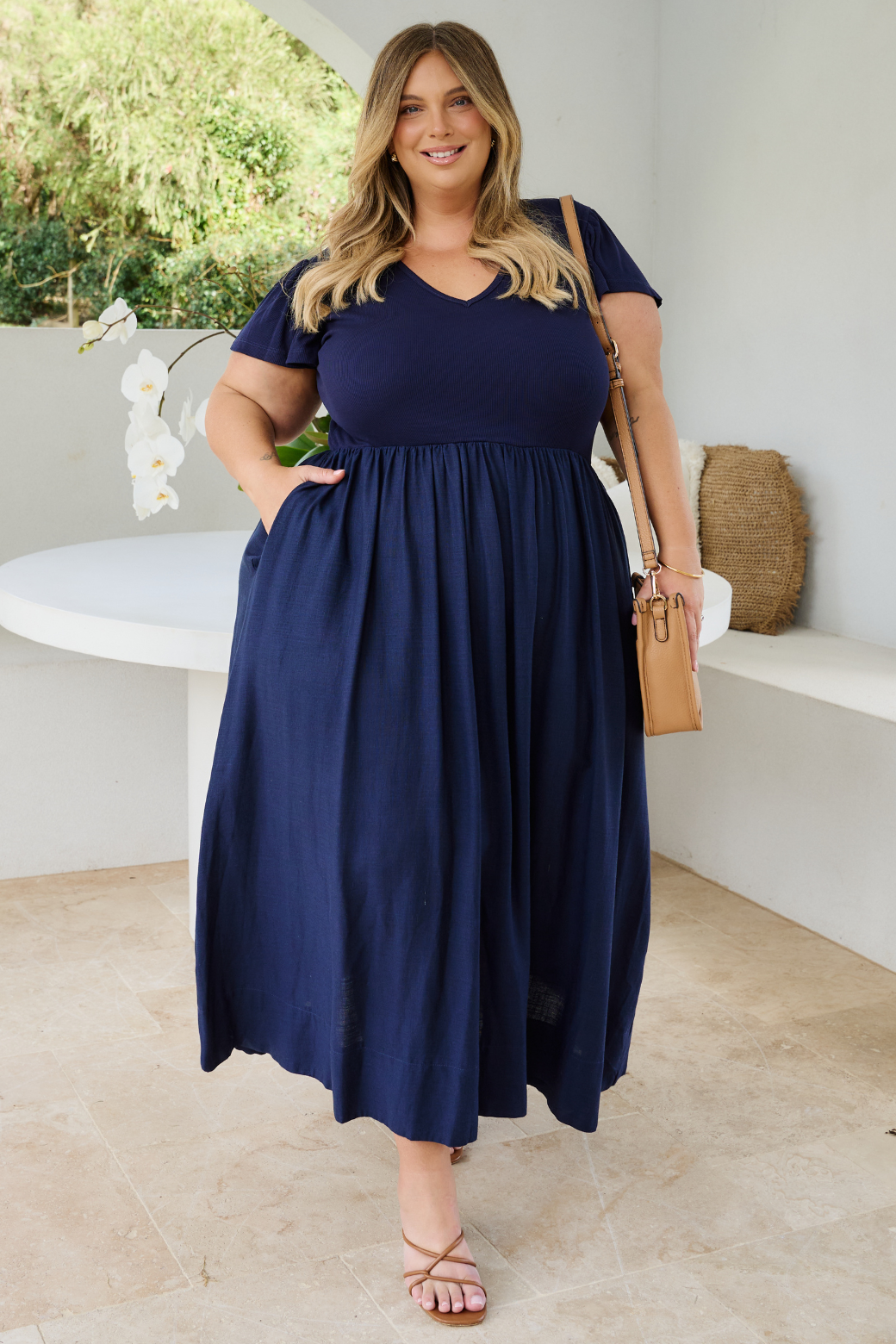 Helen Frill Sleeve Tshirt Midi Dress Navy