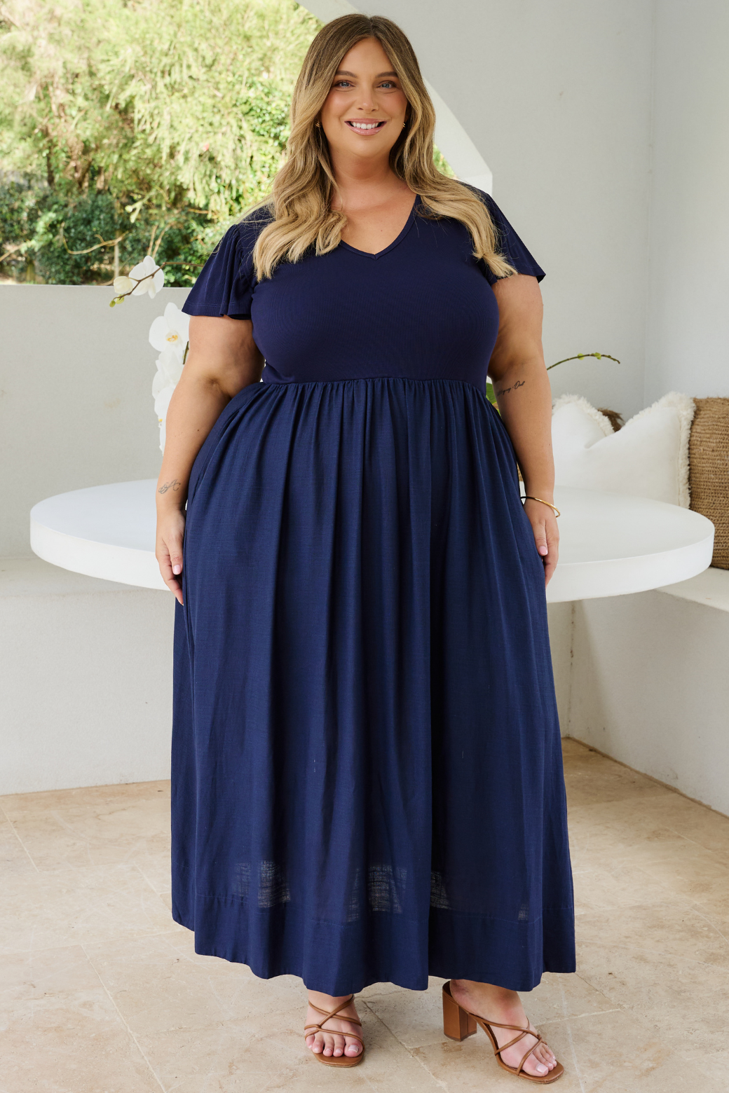 Helen Frill Sleeve Tshirt Midi Dress Navy
