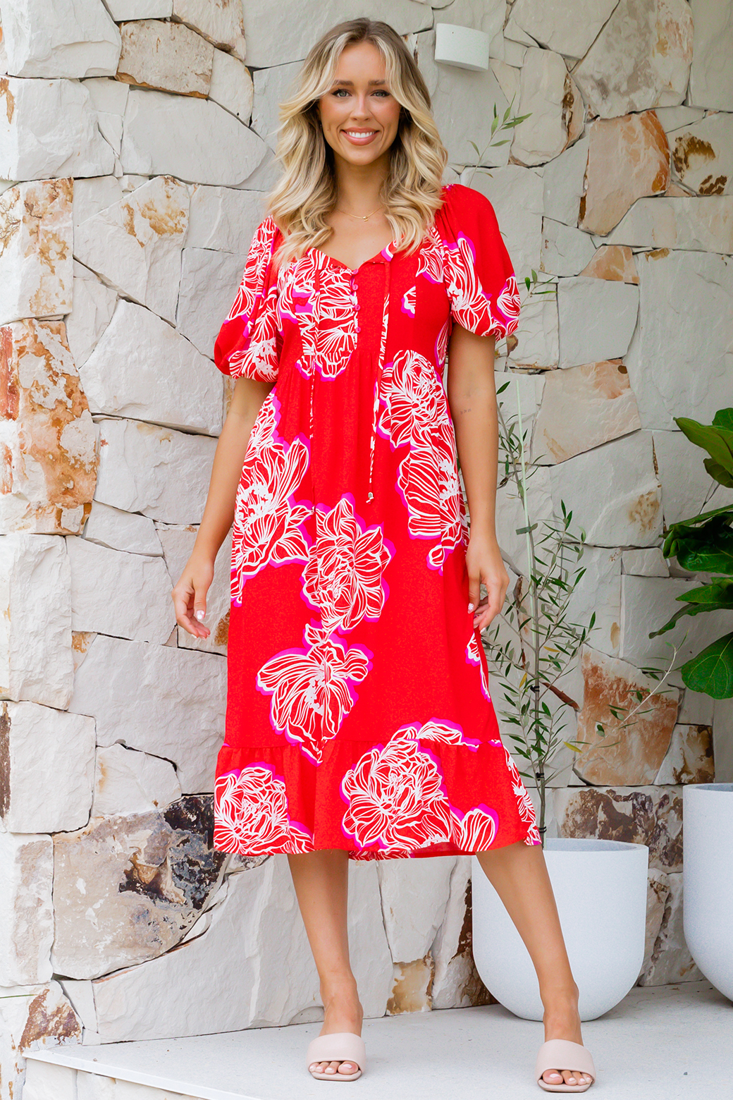 Holly Midi Dress Magnolia Print Red