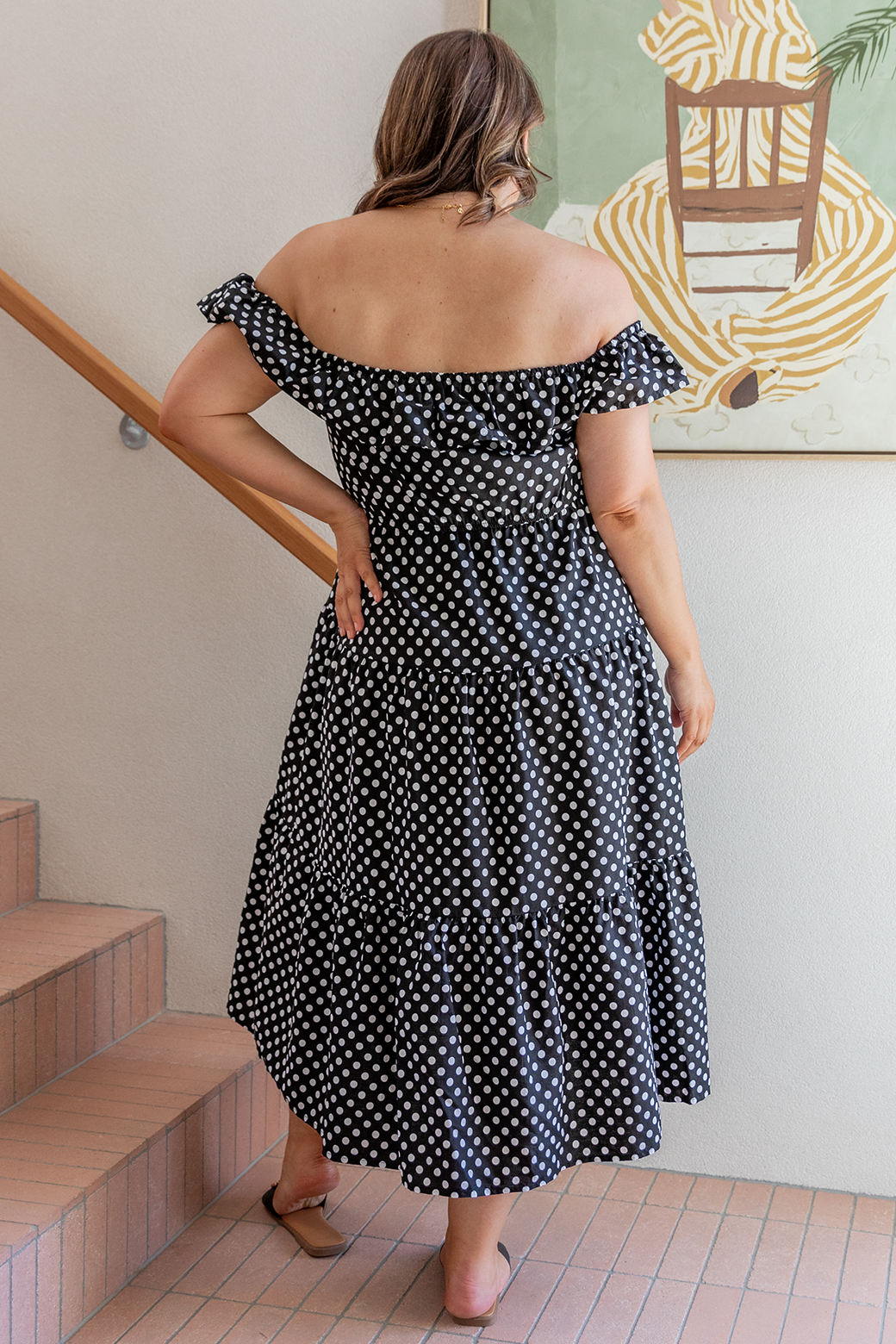 Jackie Off Shoulder Midi Dress Black White Spot