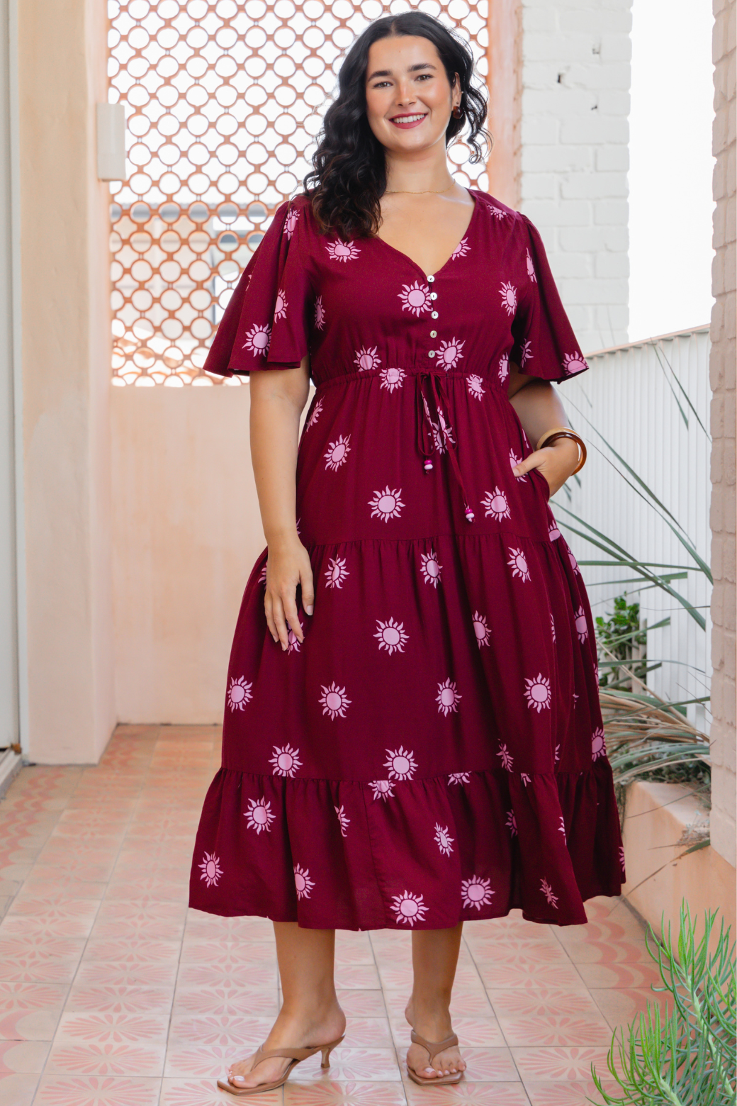 Jodie Midi Dress Sun Print Burgundy