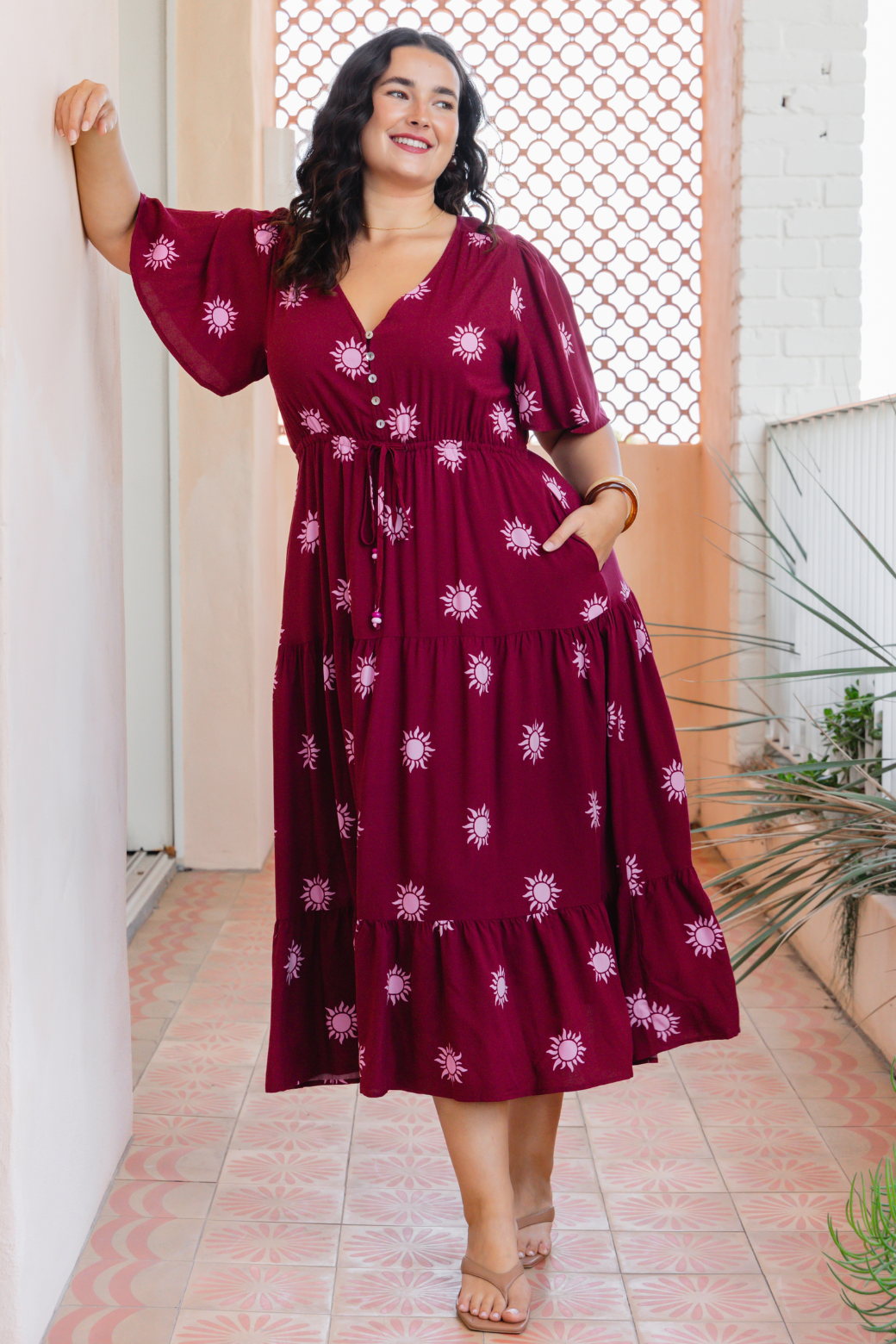 Jodie Midi Dress Sun Print Burgundy
