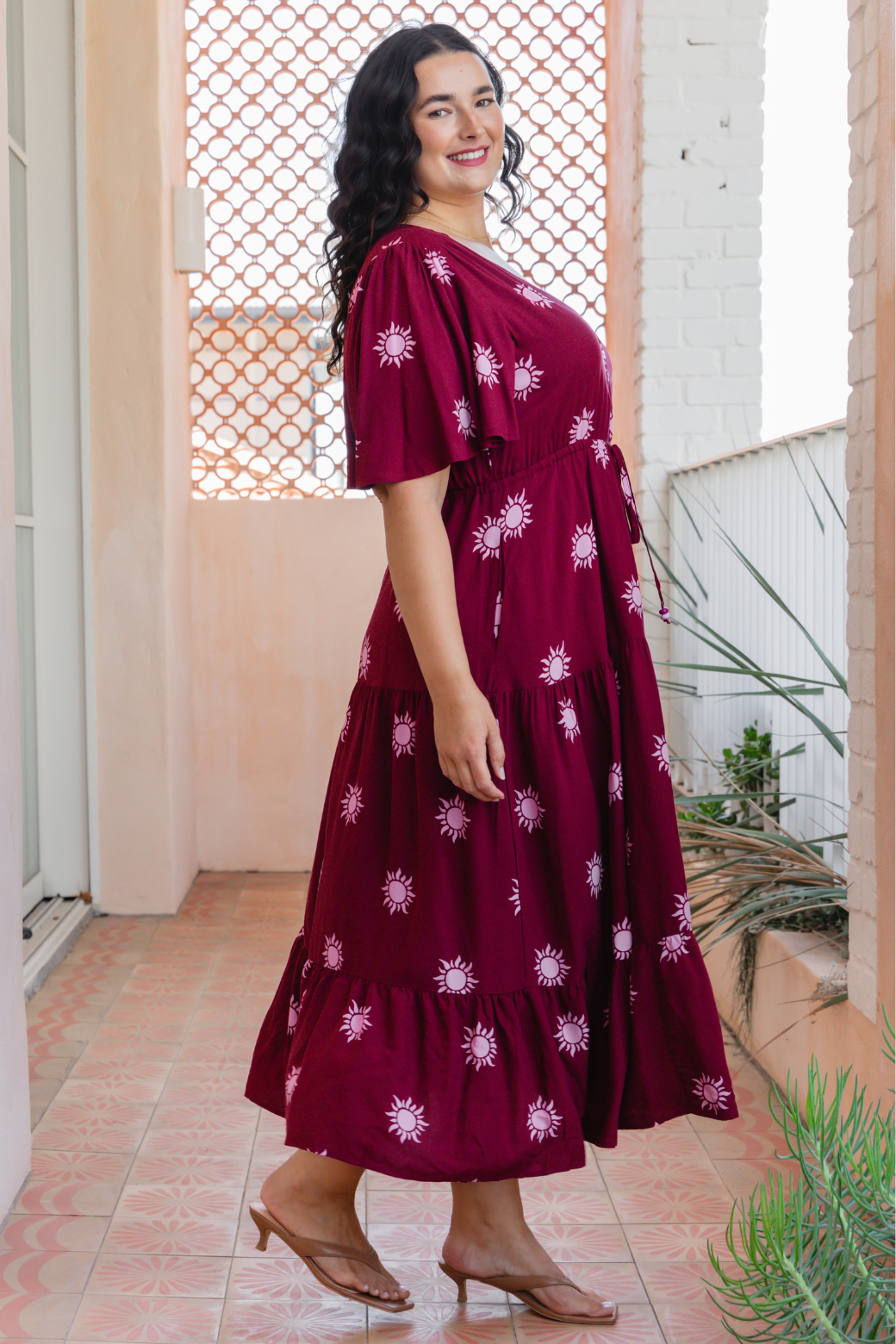 Jodie Midi Dress Sun Print Burgundy