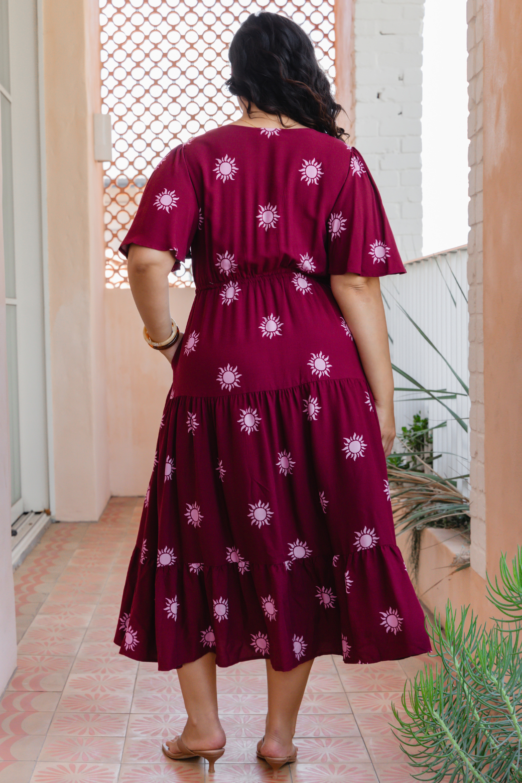 Jodie Midi Dress Sun Print Burgundy