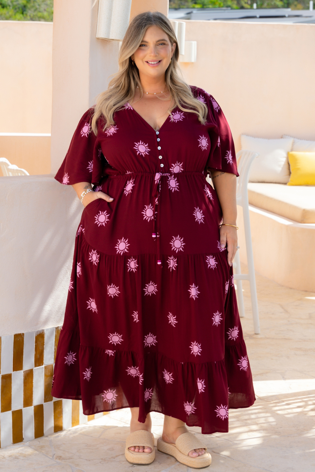 Jodie Midi Dress Sun Print Burgundy