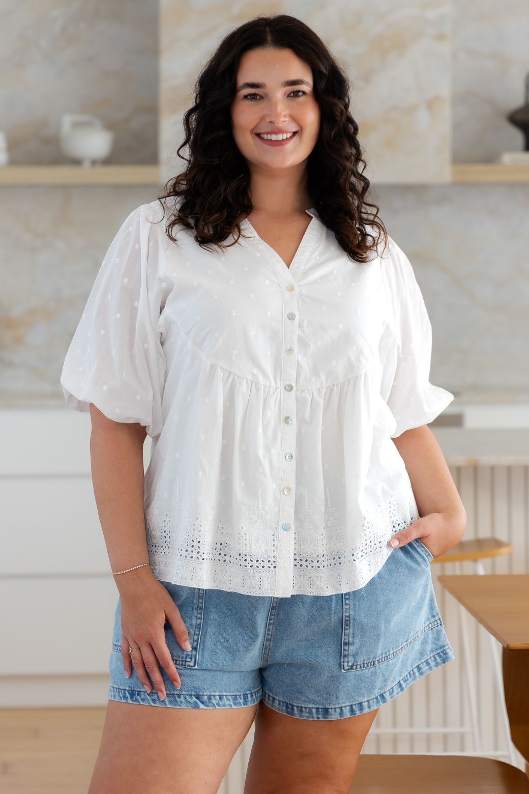 Jolie Broderie Anglaise Smock Top White