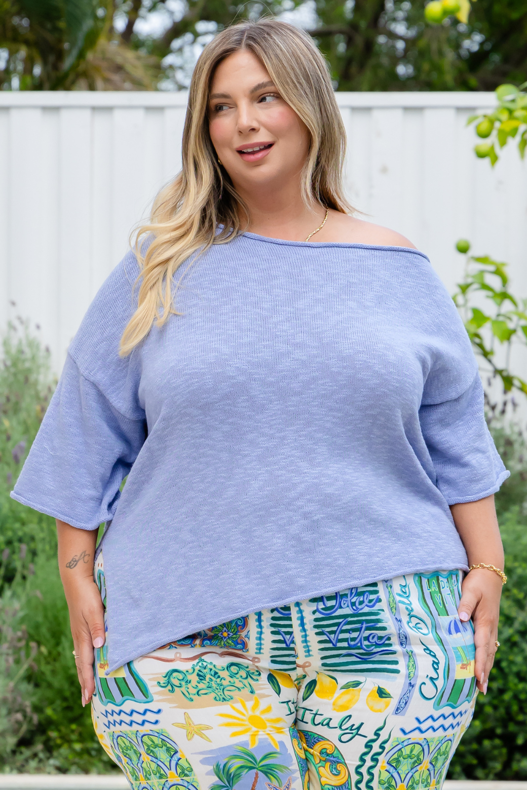 Julia Off Shoulder Knit Top Blue